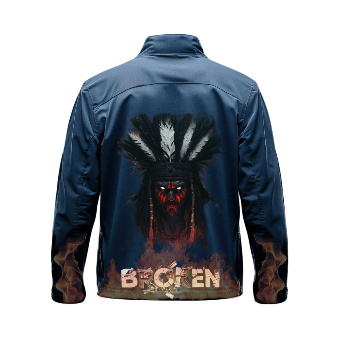 Man in navy jacket with graphic, looking forward.