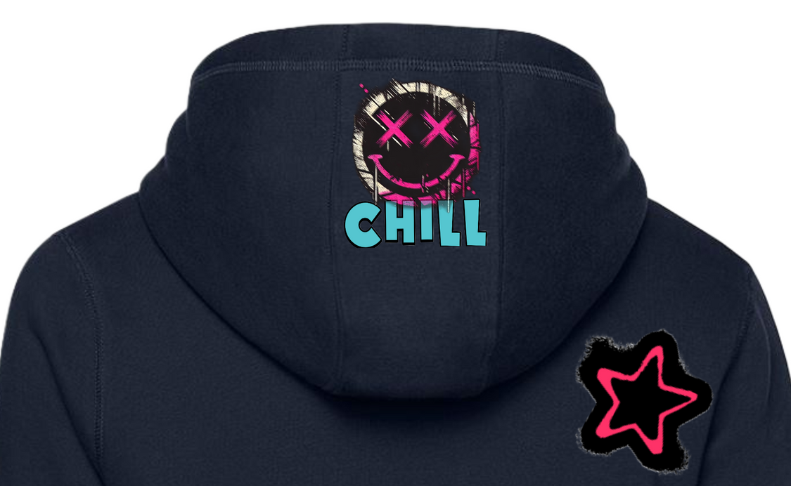 Navy tracksuit set with star accents, and black hoodie with graphic.
