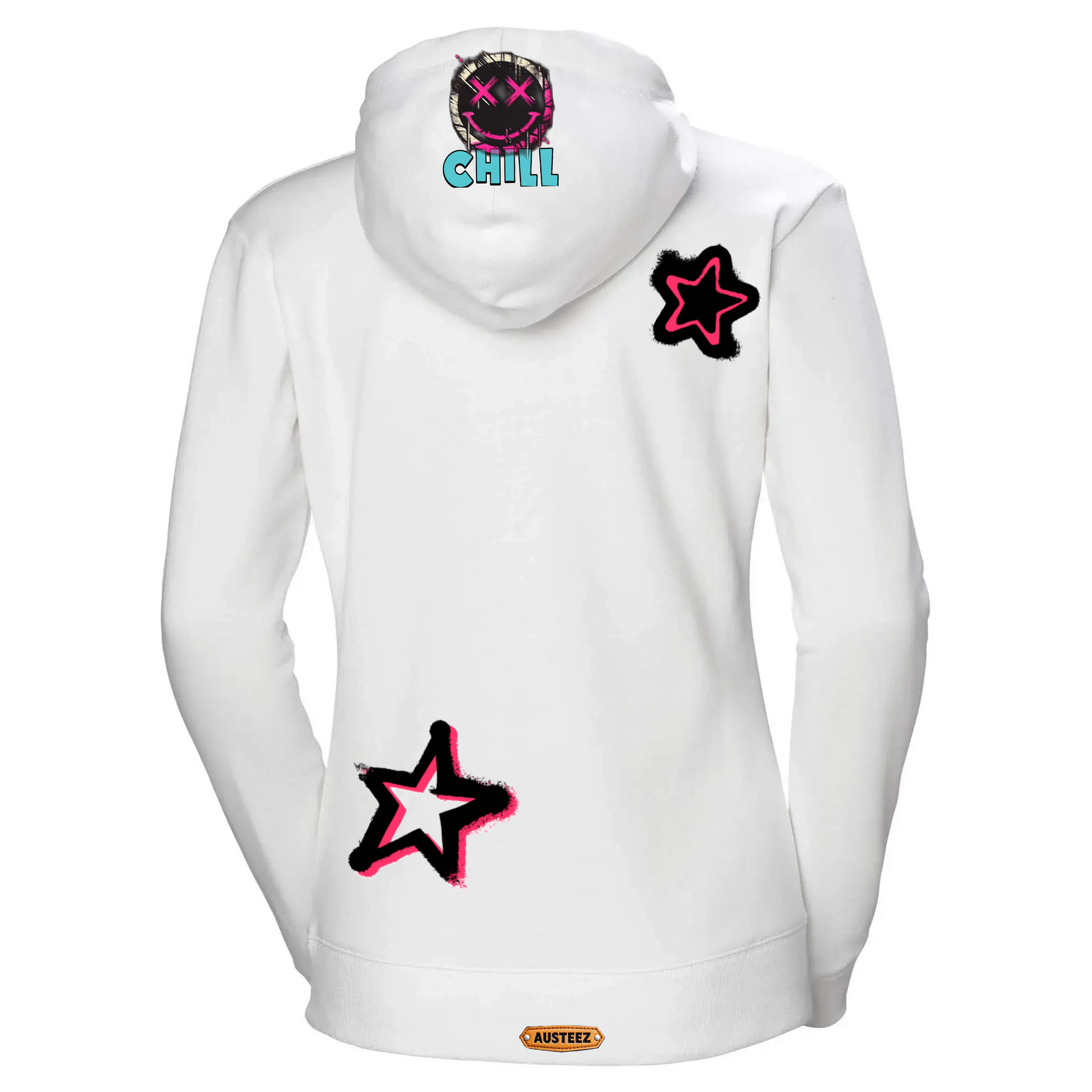 White hoodie with star and smiley face designs; 