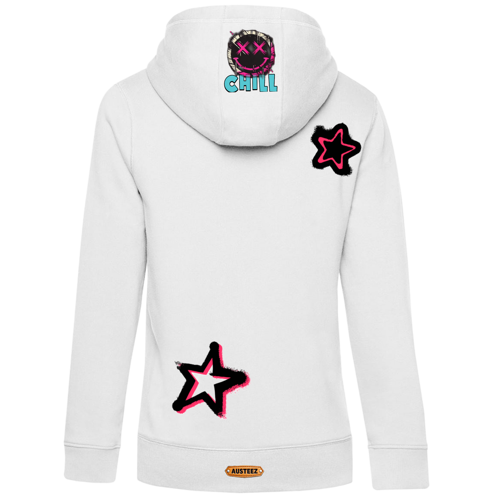 White hoodie with star and smiley face designs; 