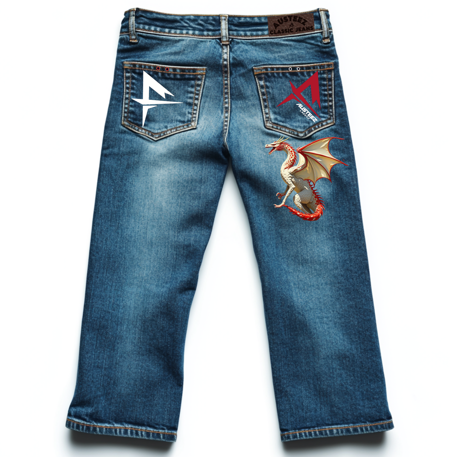 Blue denim jeans with a dragon and two logos on the back pockets.