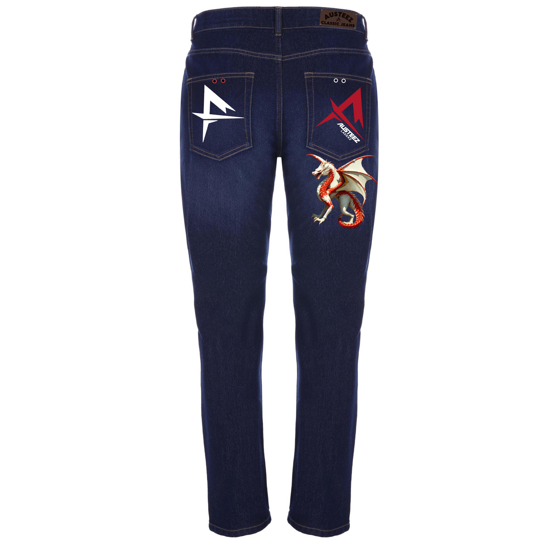 Dark blue jeans with white and red logos, and a dragon graphic.