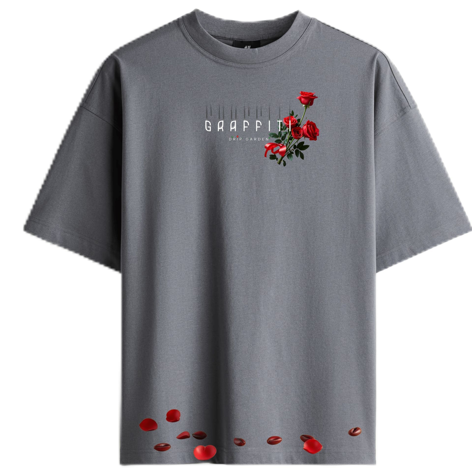 Gray t-shirt with red rose graphic and scattered petals.
