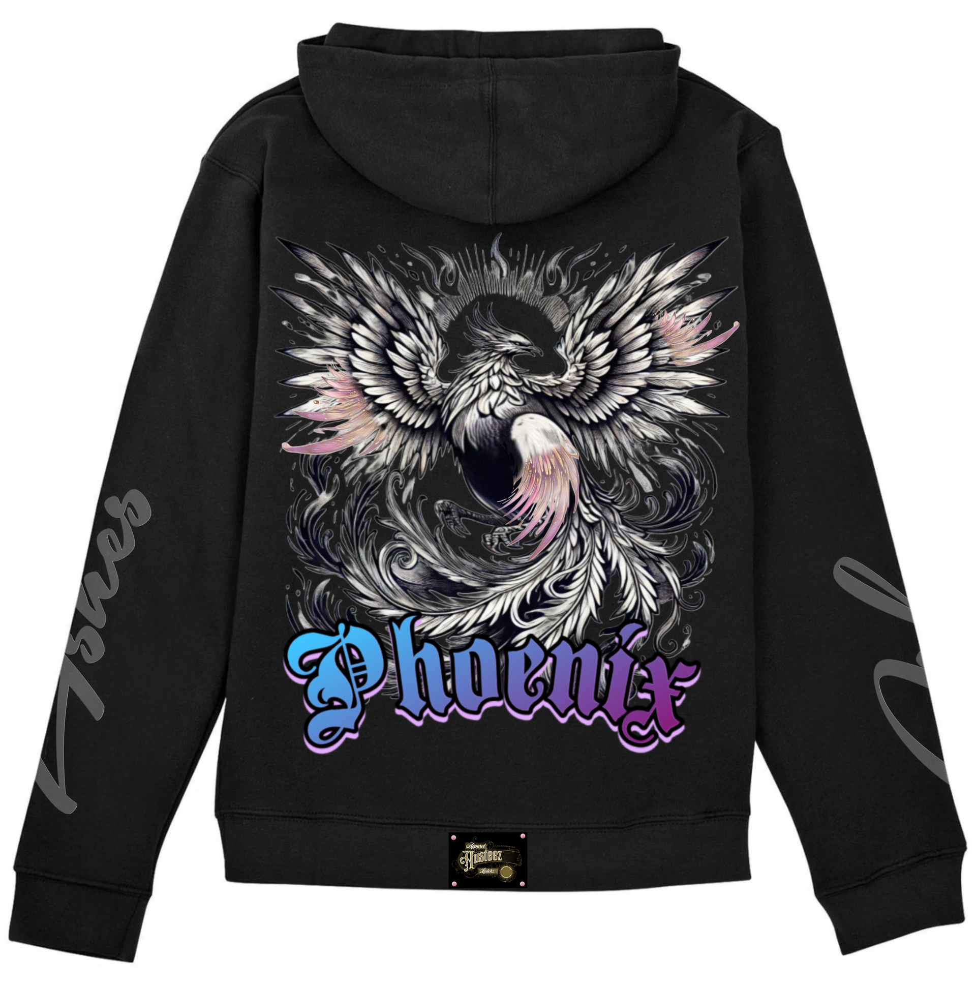 Black hoodie with a large phoenix design on the back in shades of gray, pink, and blue, with the word