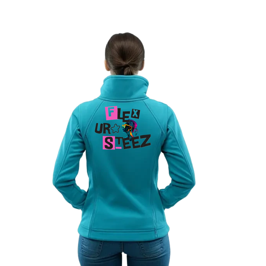 Woman wearing a turquoise jacket with 
