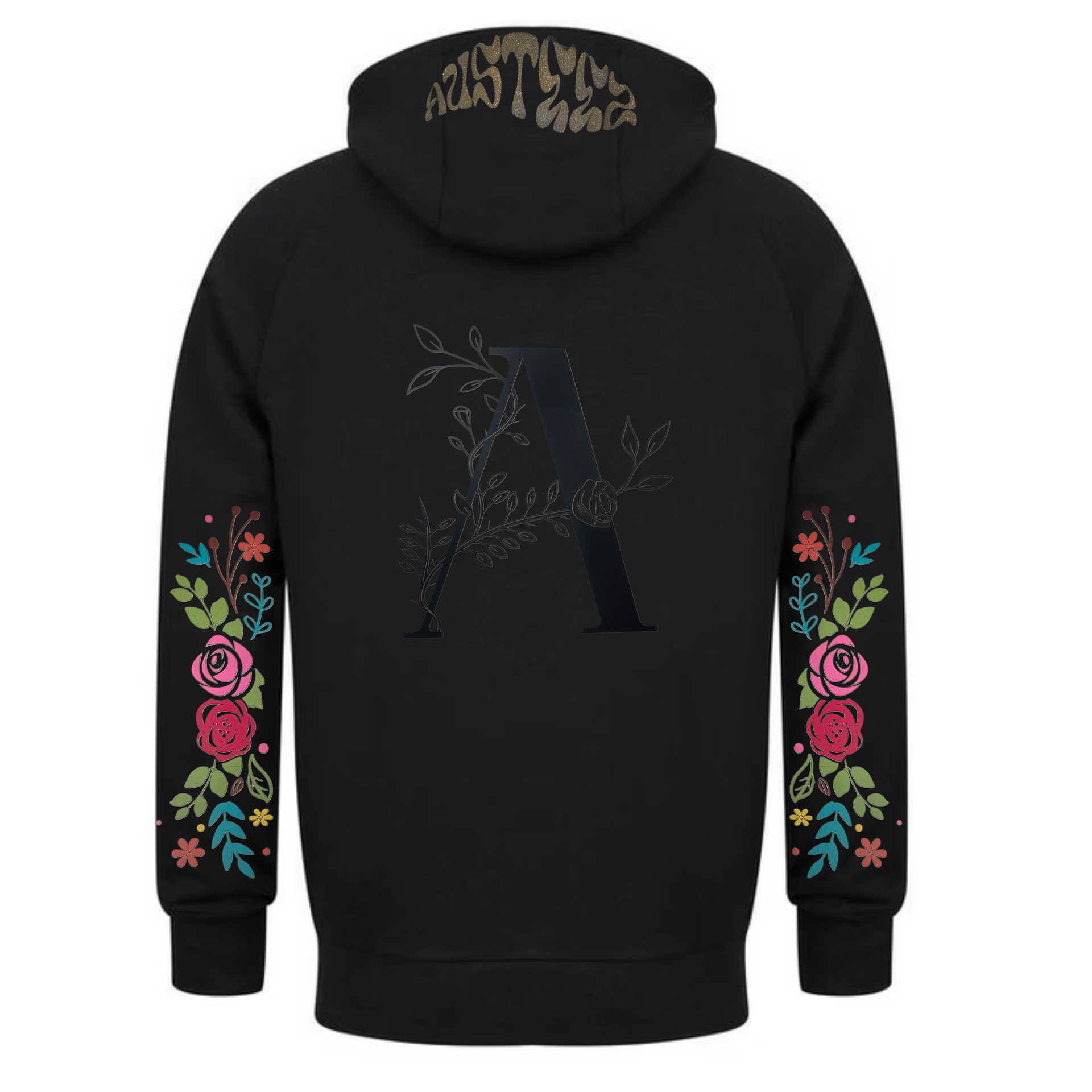 Black hoodie with floral sleeves and the letter