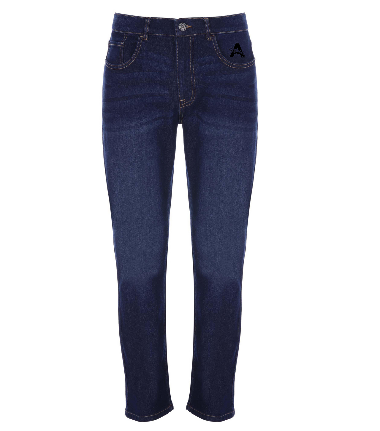 Dark blue jeans with white and red logos, and a dragon graphic.