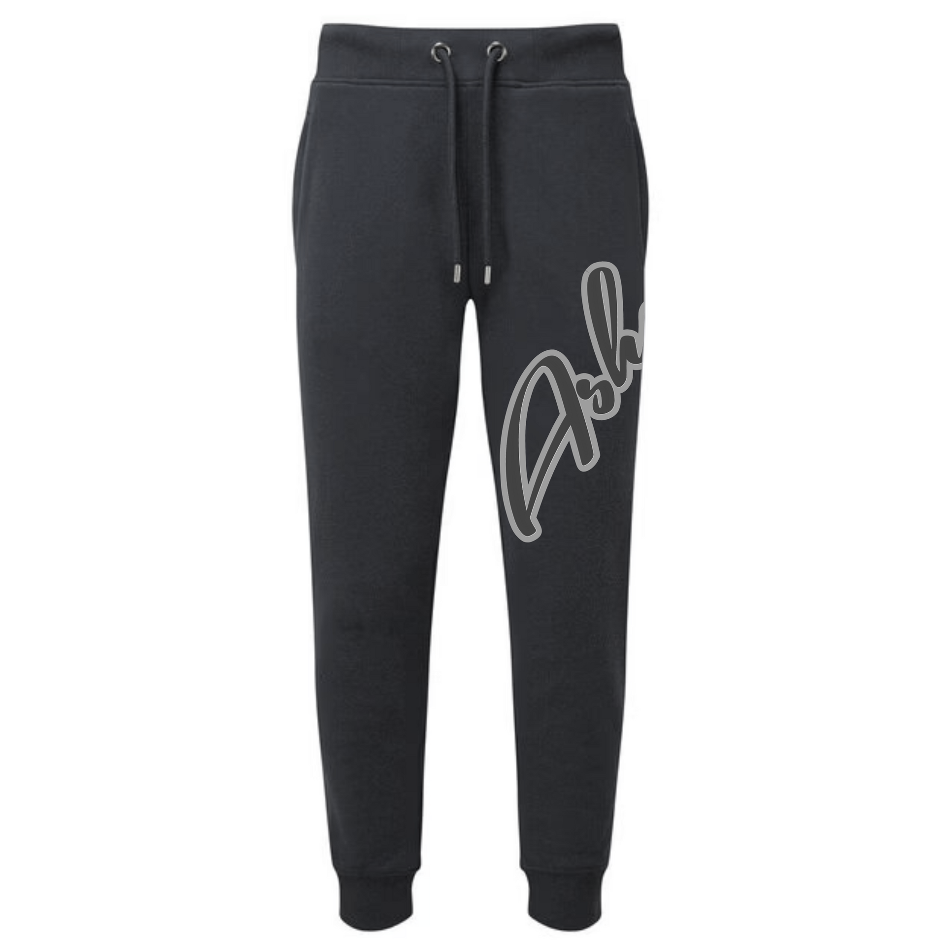 Dark blue sweatpants with the word "Ashes" in a gray script.