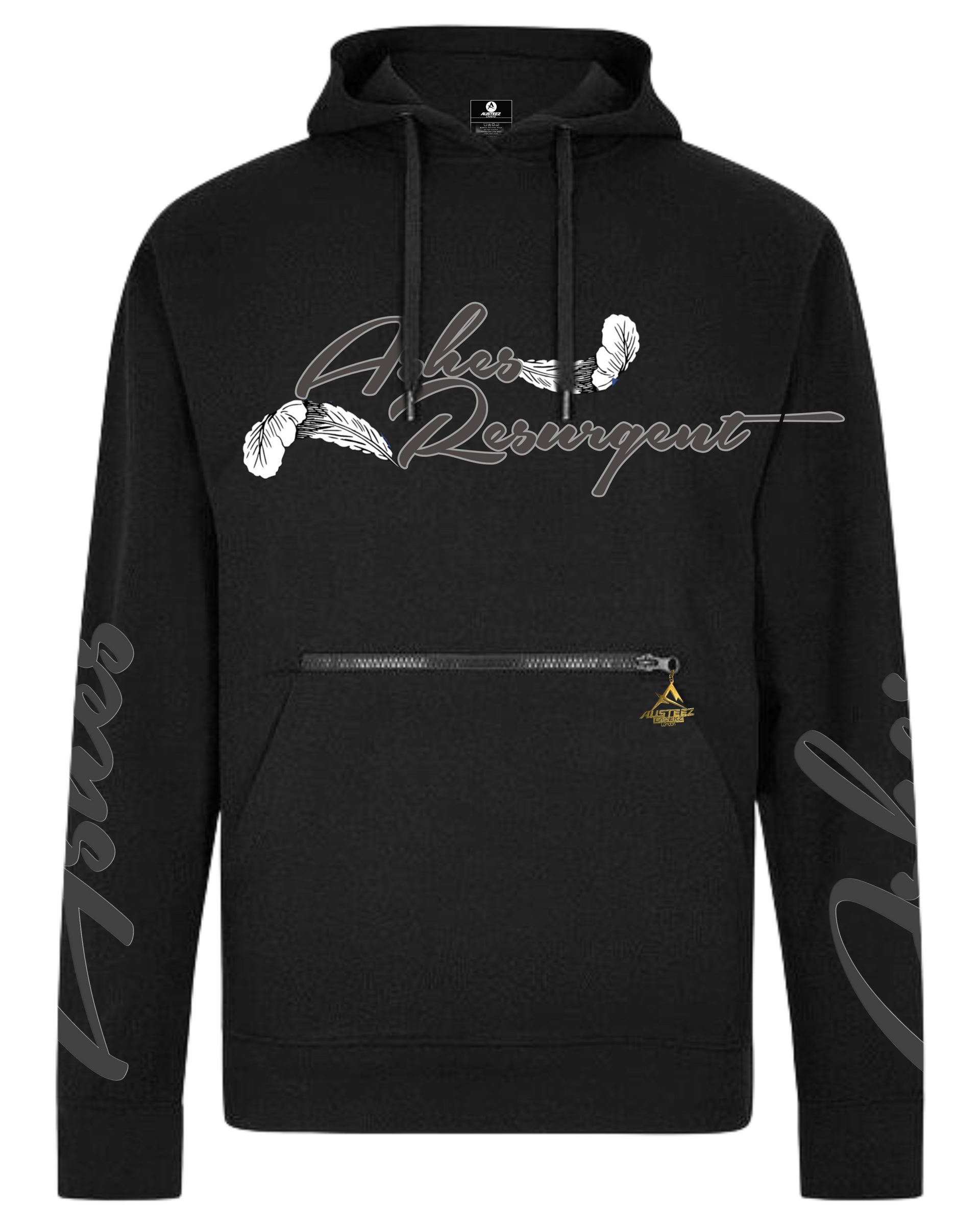 Black hoodie with phoenix design. Phoenix in white/gray, blue 