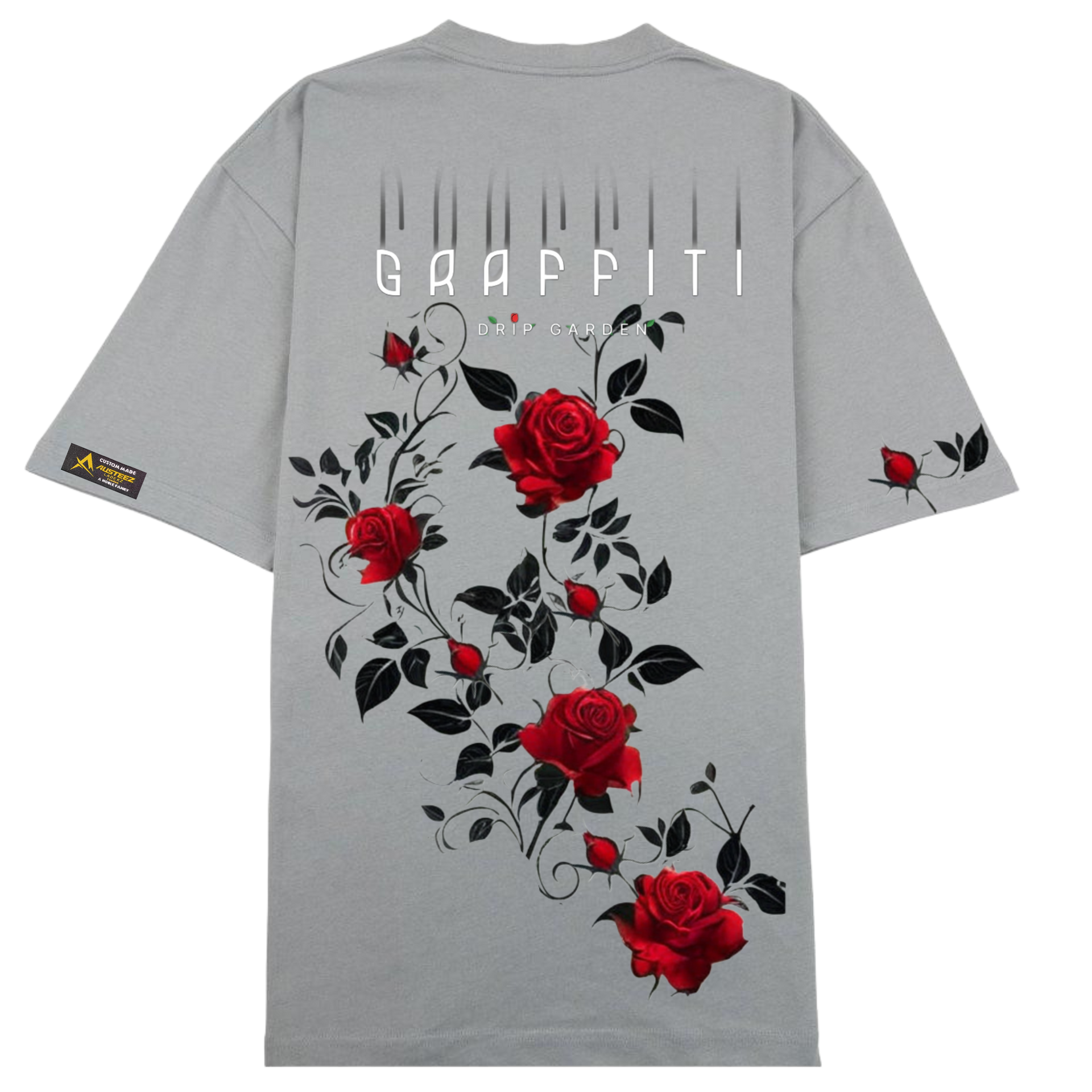 Gray t-shirt with large red rose graphic.