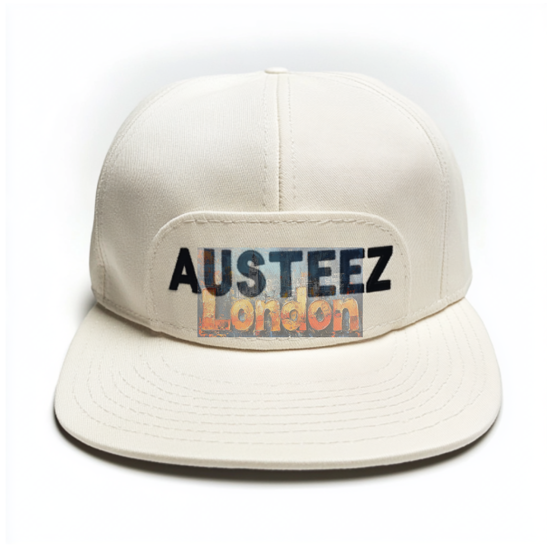 Cream-colored snapback hat with 
