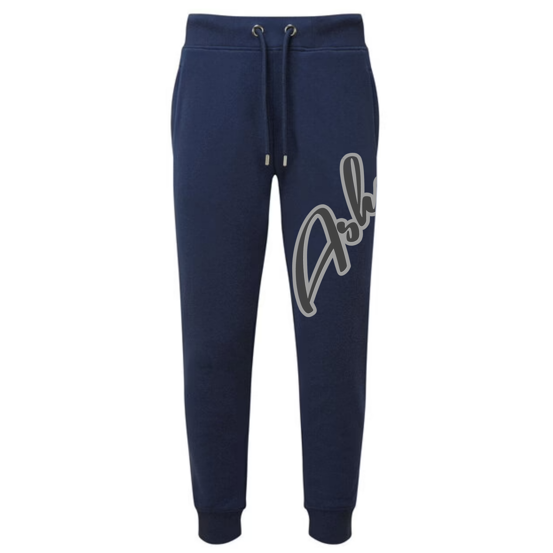 Navy blue sweatpants with white and gray cursive 