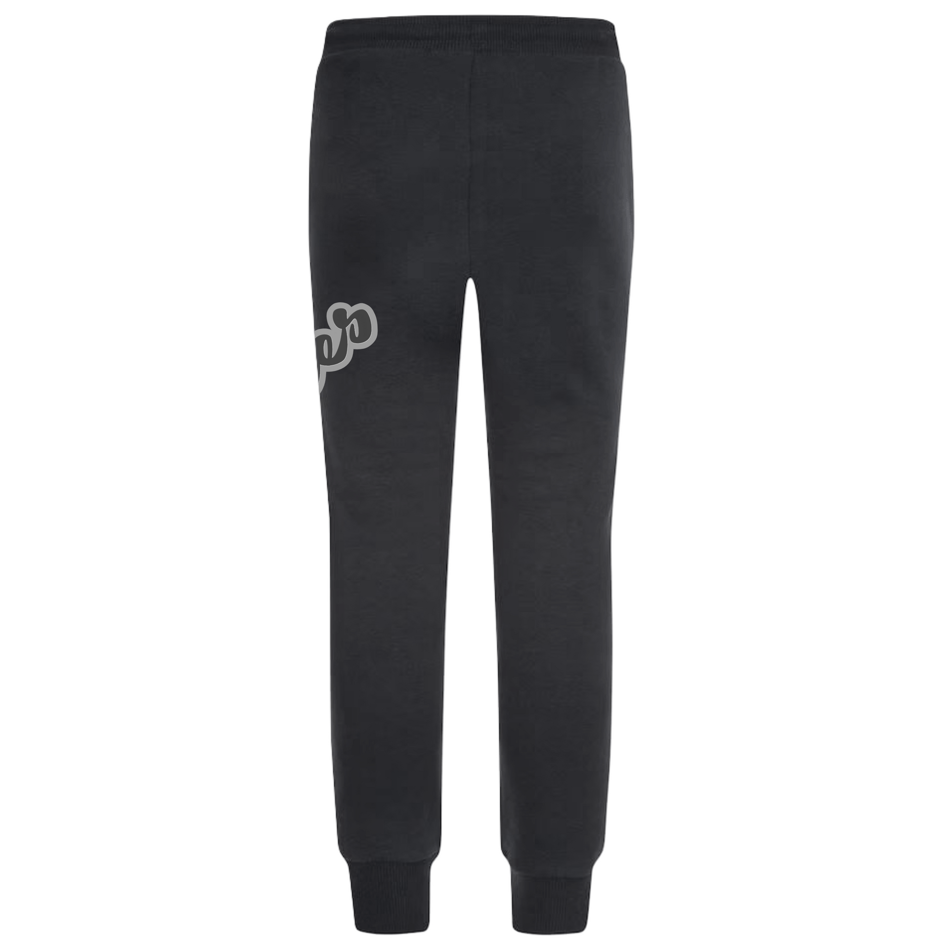 Navy blue sweatpants with white and gray cursive 