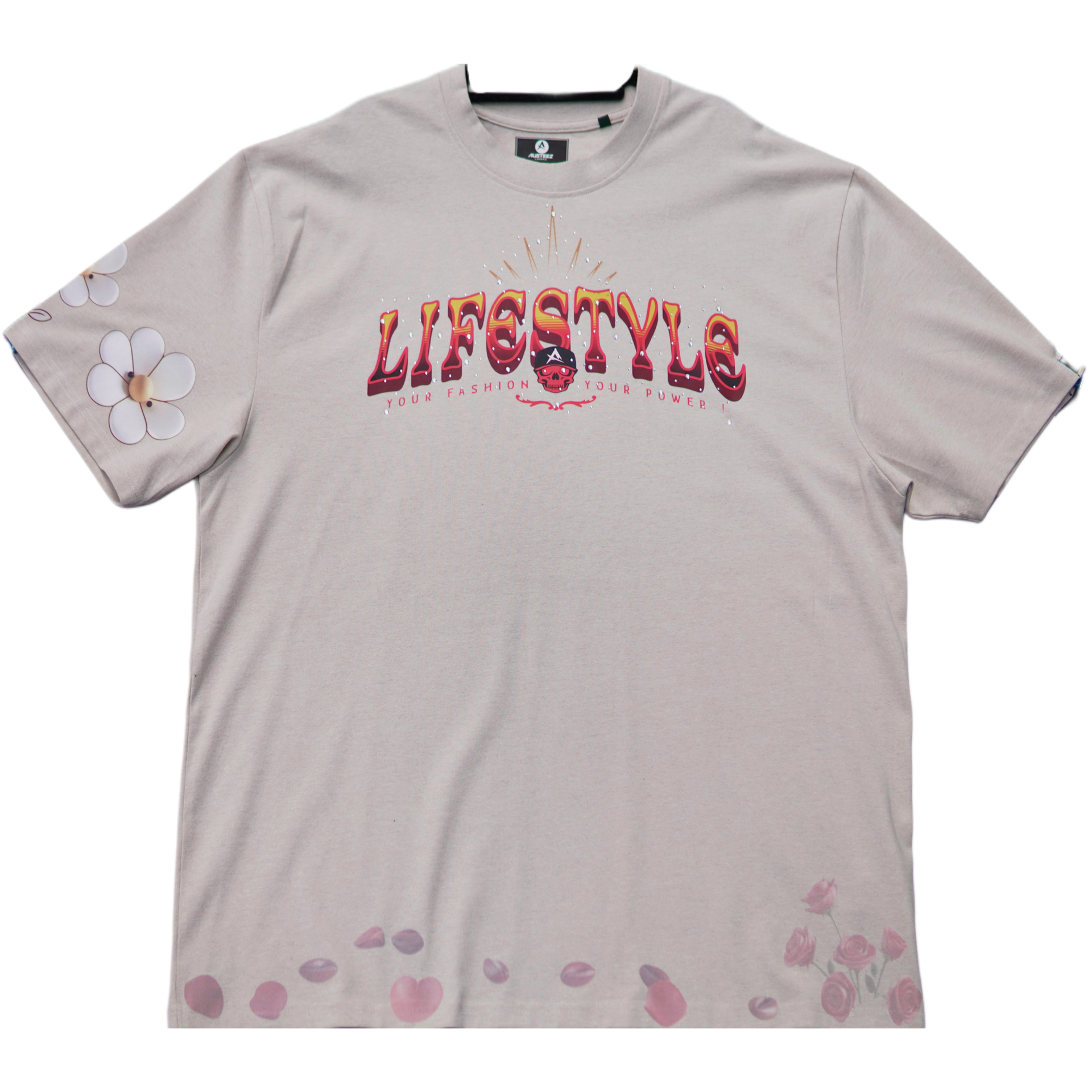 Tan t-shirt with "LIFESTYLE" in gradient lettering and floral sleeve detail.