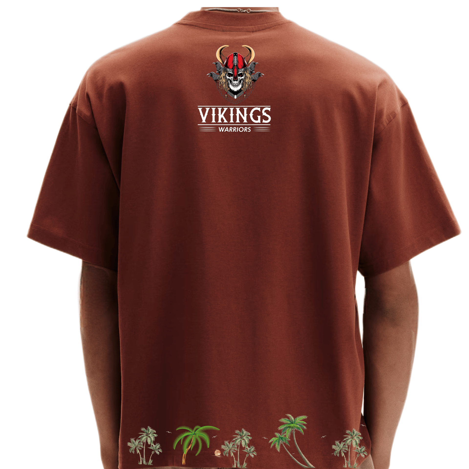 Back of a brown shirt with a Viking logo and palm trees at the hem.