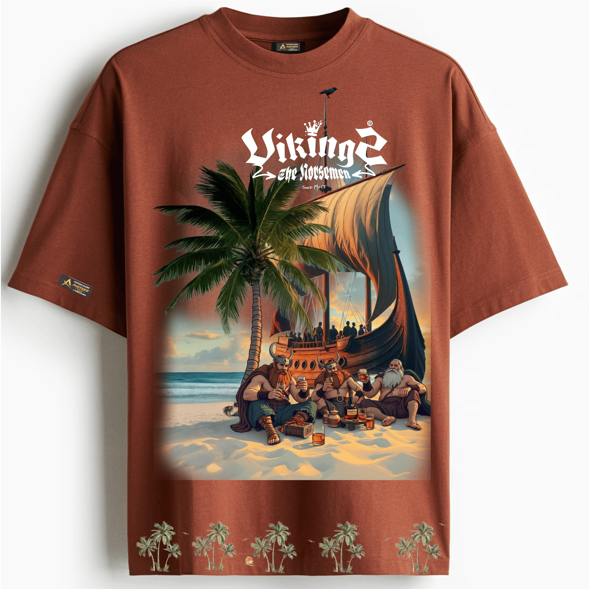 Brown t-shirt with Viking ship and palm tree design, Vikings at beach bonfire.