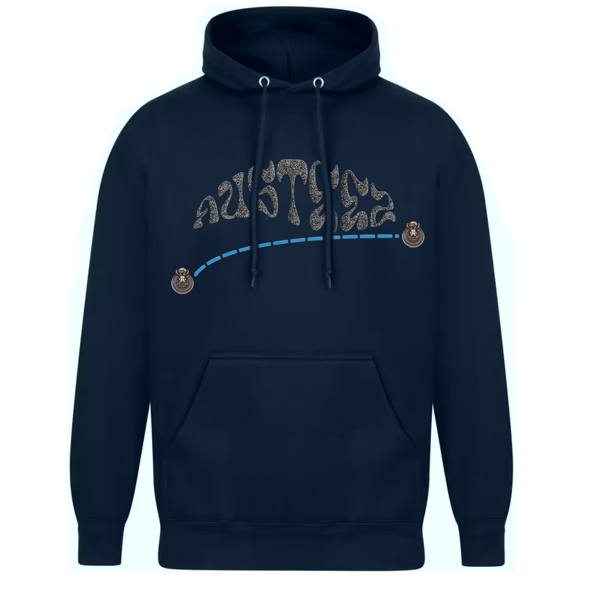 Navy hoodie with tan text 