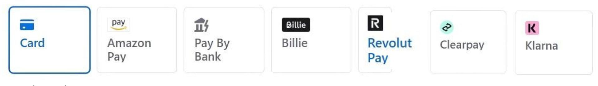 Payment options: Card, Amazon Pay, Pay by Bank, Zelle, Revolut Pay, Clip, Klarna.
