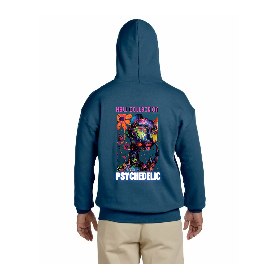 Teal hoodie with a colorful psychedelic design on the back.