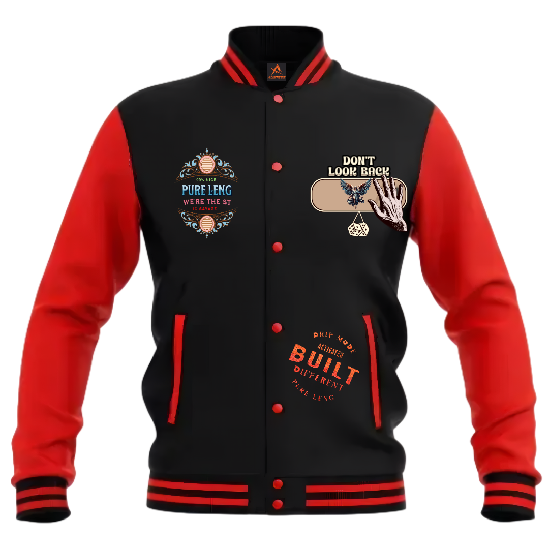 Black and red varsity jacket with patches: 