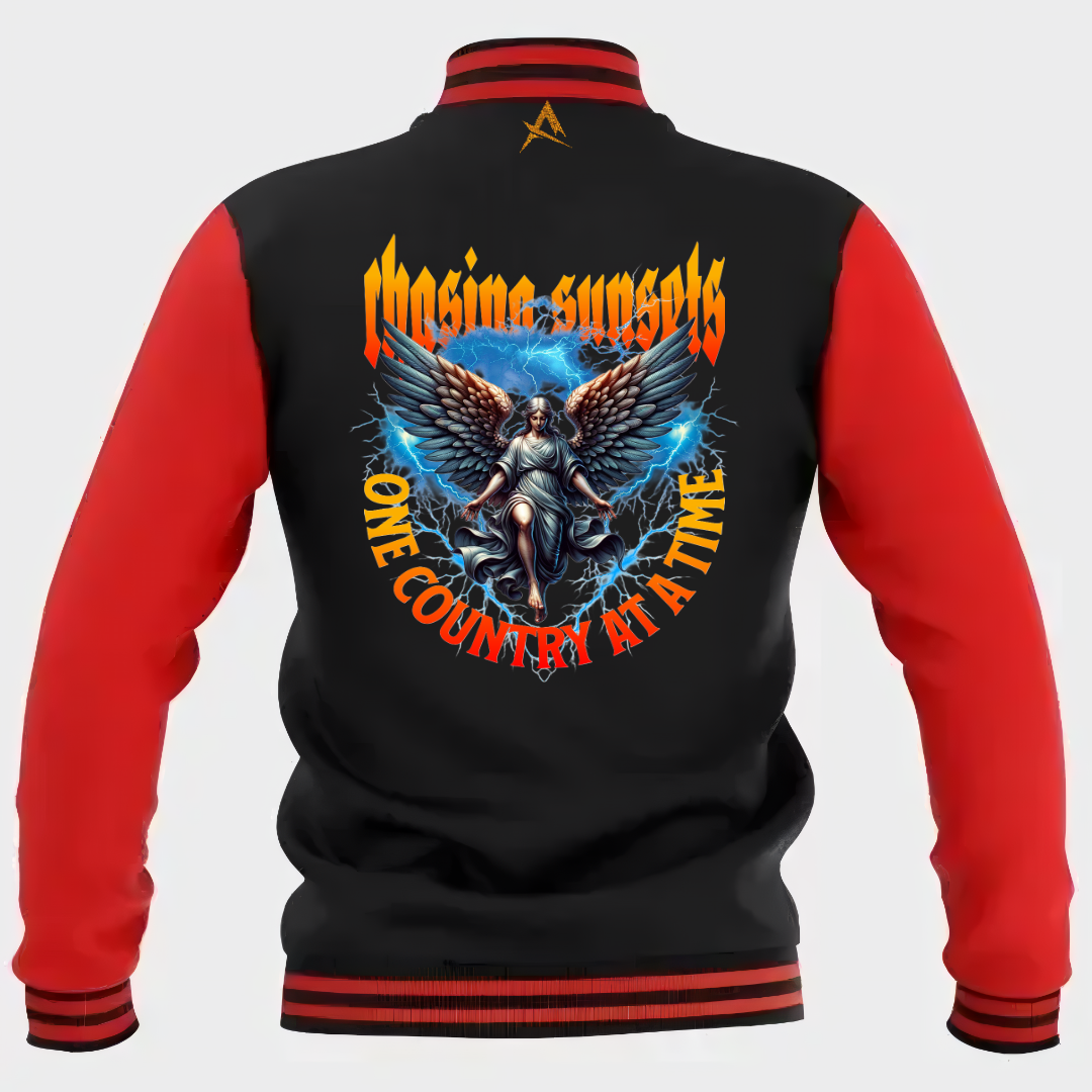 Black and red varsity jacket with patches:
