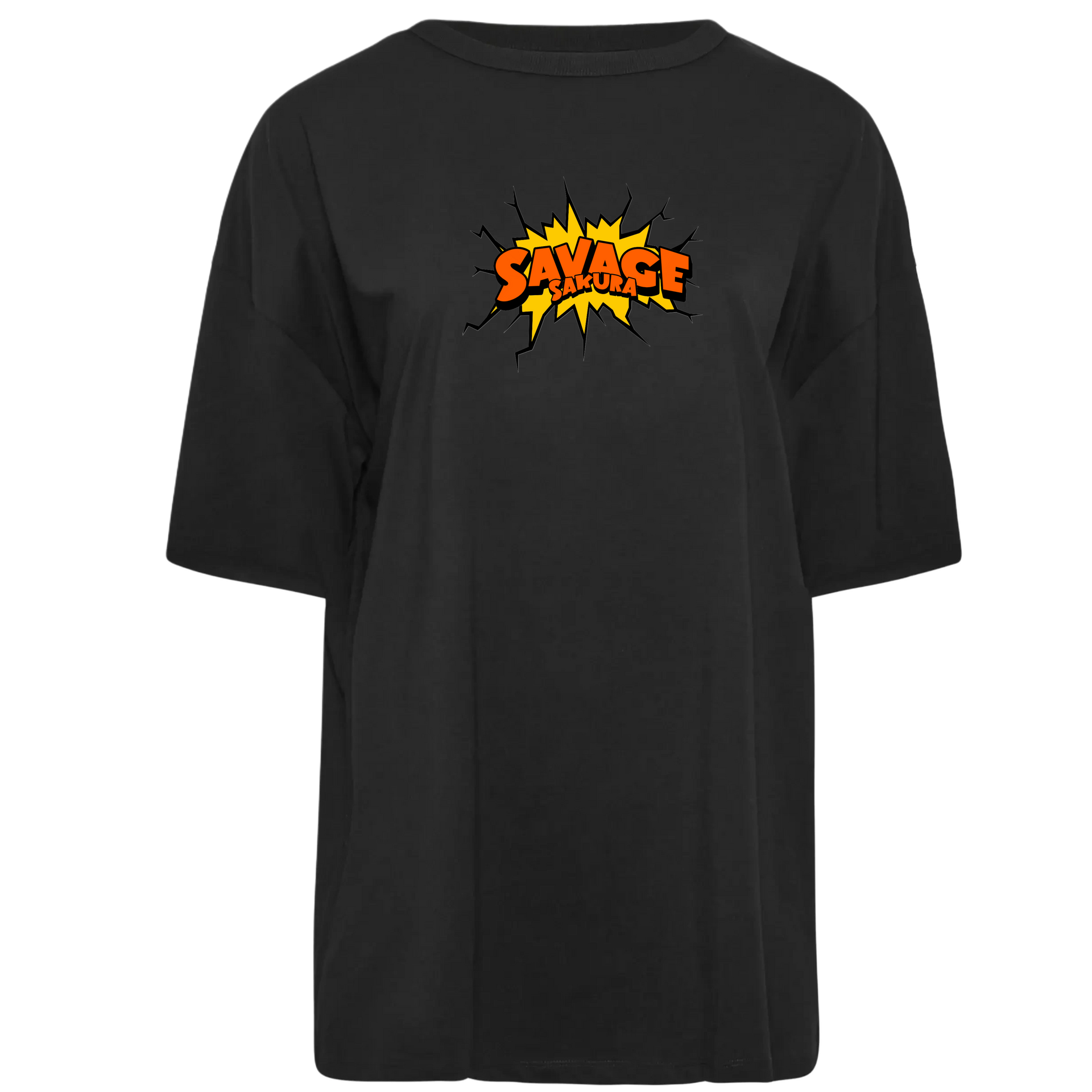 Black t-shirt with "SAVAGE" in orange, yellow and black comic-book style text on front.