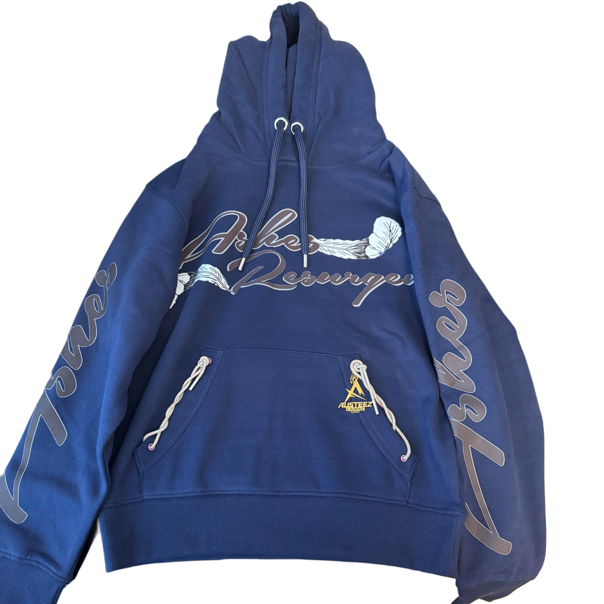 Black hoodie with a large phoenix design on the back in shades of gray, pink, and blue, with the word 