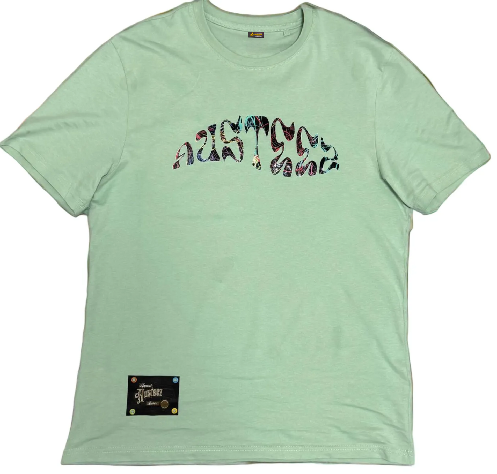 Light green t-shirt with multicolored