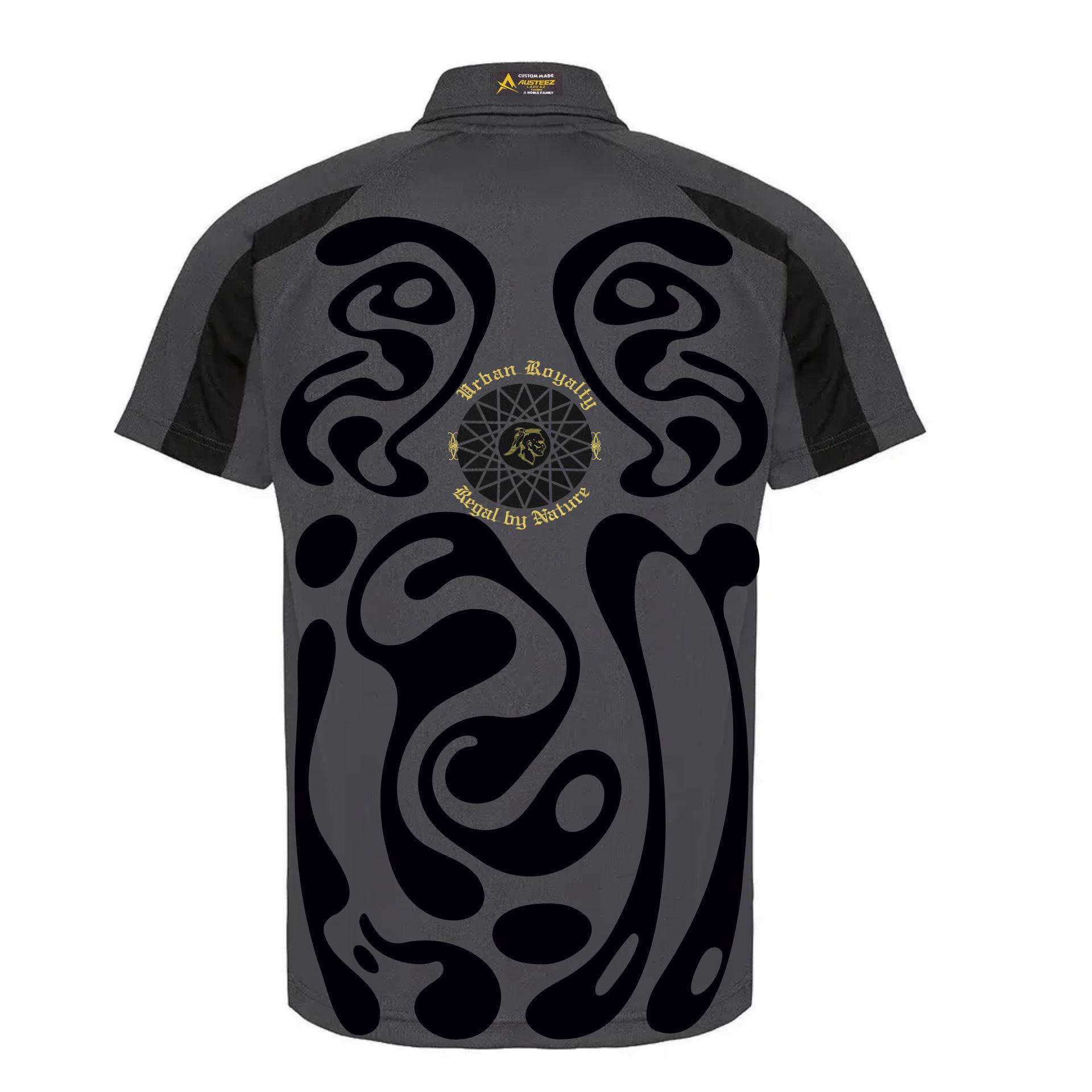 Dark gray polo shirt with black swirling design and gold emblem.