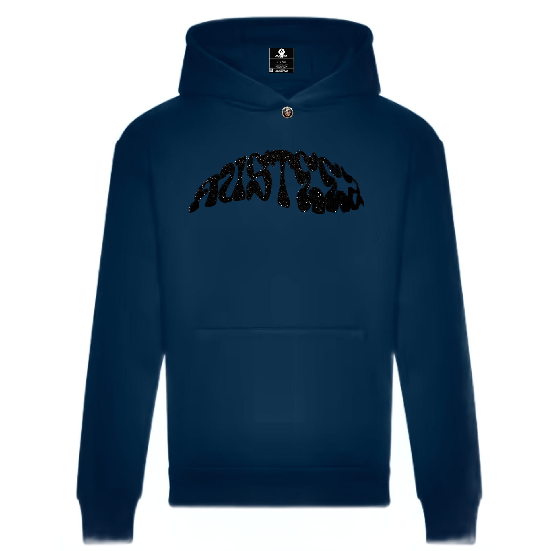 Dark blue hoodie with black text 