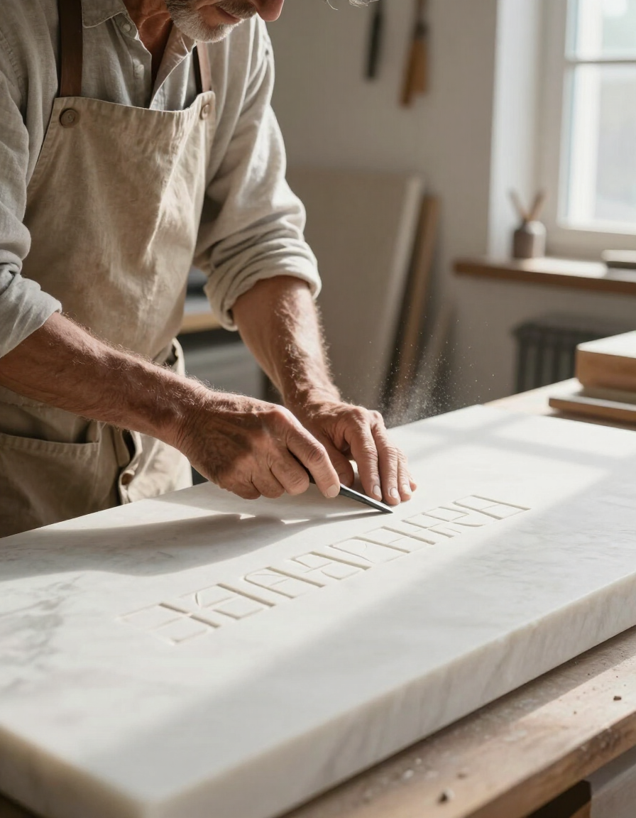 Artigiano al lavoro su lastra di marmo bianco
