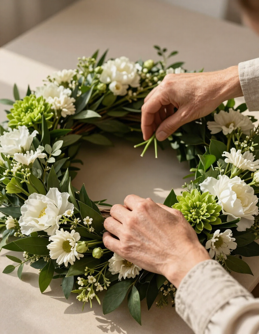 Artigiano floreale che assembla una corona funebre