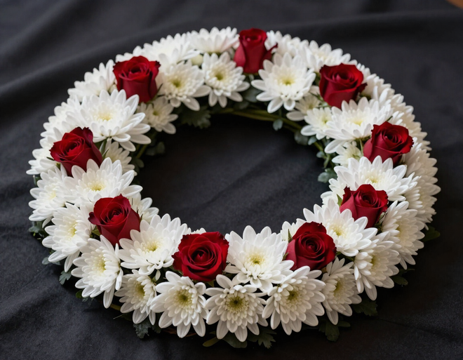 Corona funebre di crisantemi bianchi e rose cremisi