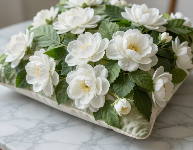 Cuscino floreale con fiori bianchi e verdi