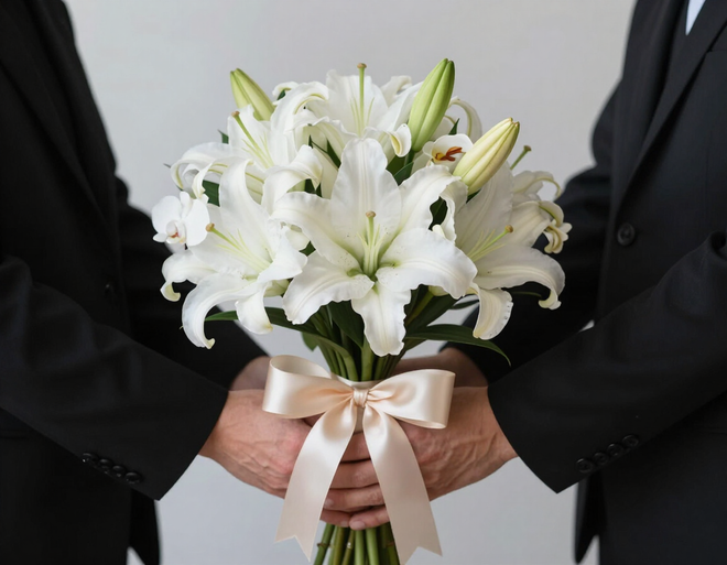 Bouquet funebre di gigli bianchi e orchidee