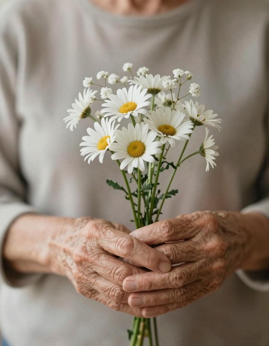 Mani anziane che reggono un mazzo di fiori bianchi