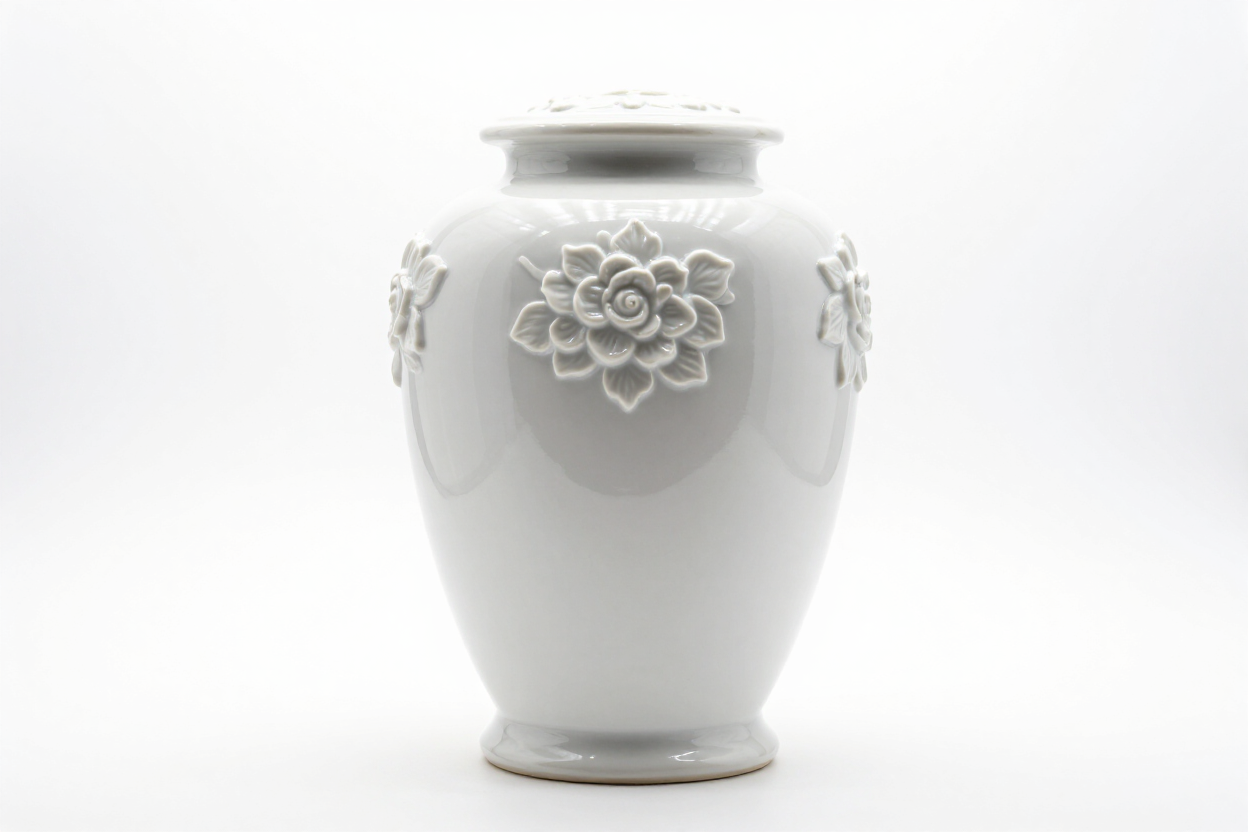 Urna in ceramica bianca con decorazione floreale