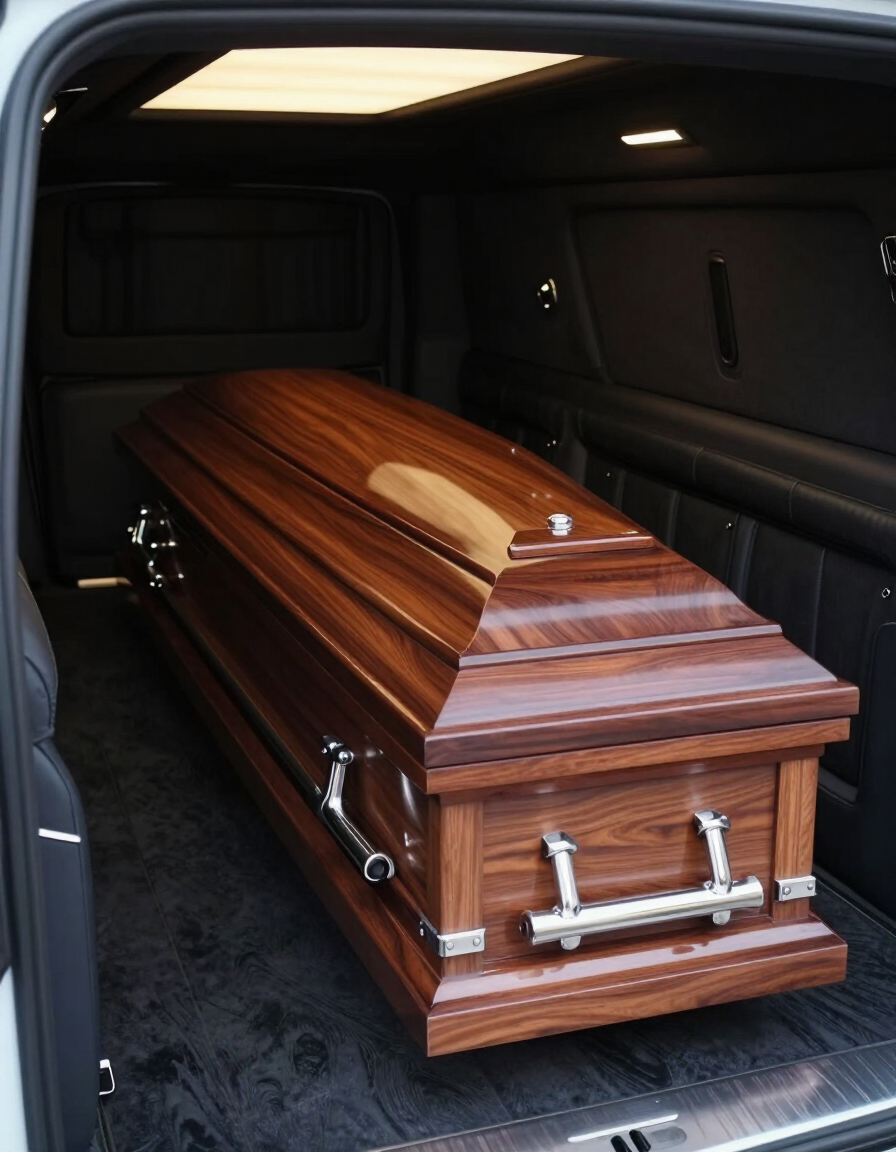 Bara elegante in legno pregiato a bordo di veicolo funebre professionale