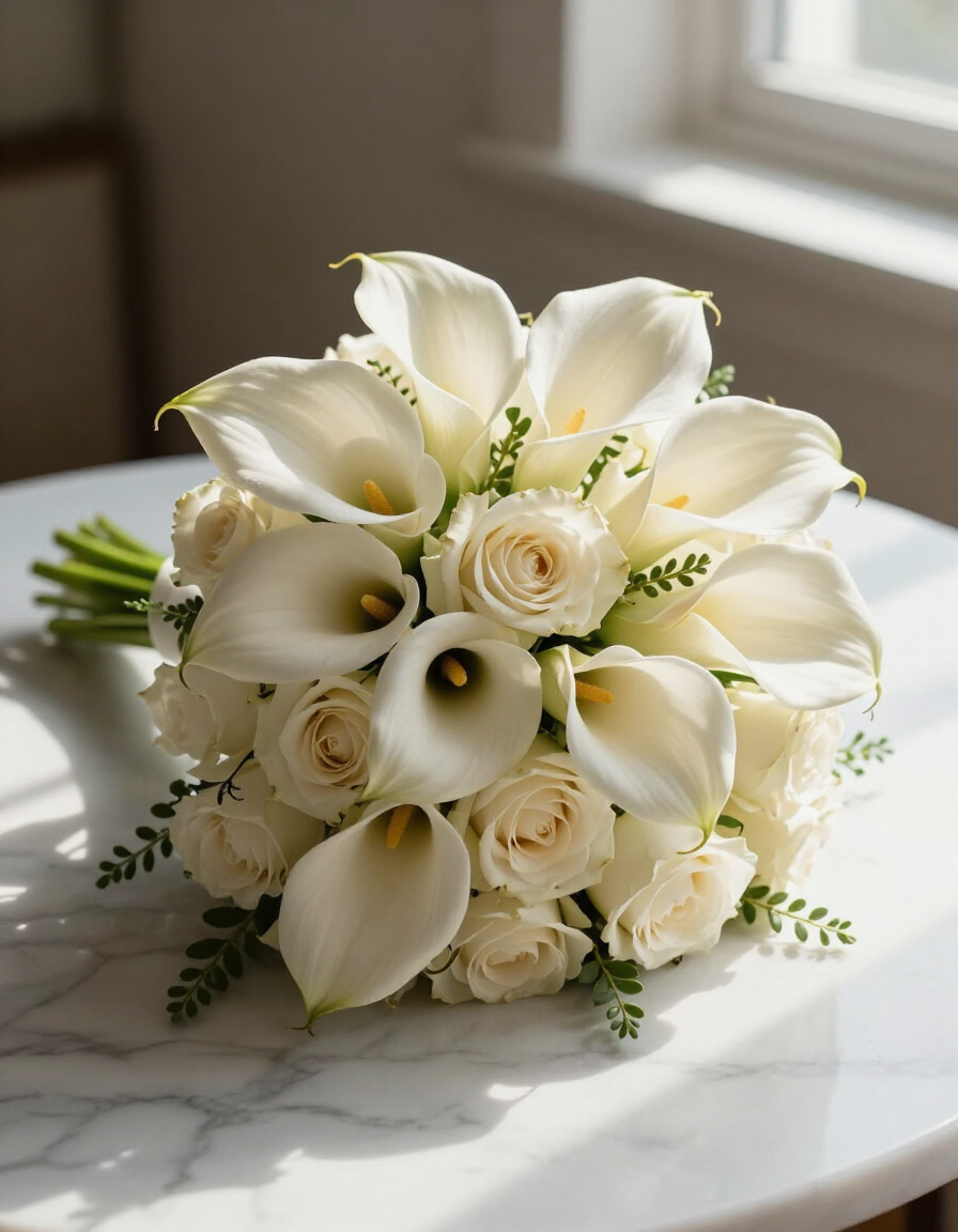 Fiori bianchi e crema su tavolo in marmo, luce naturale