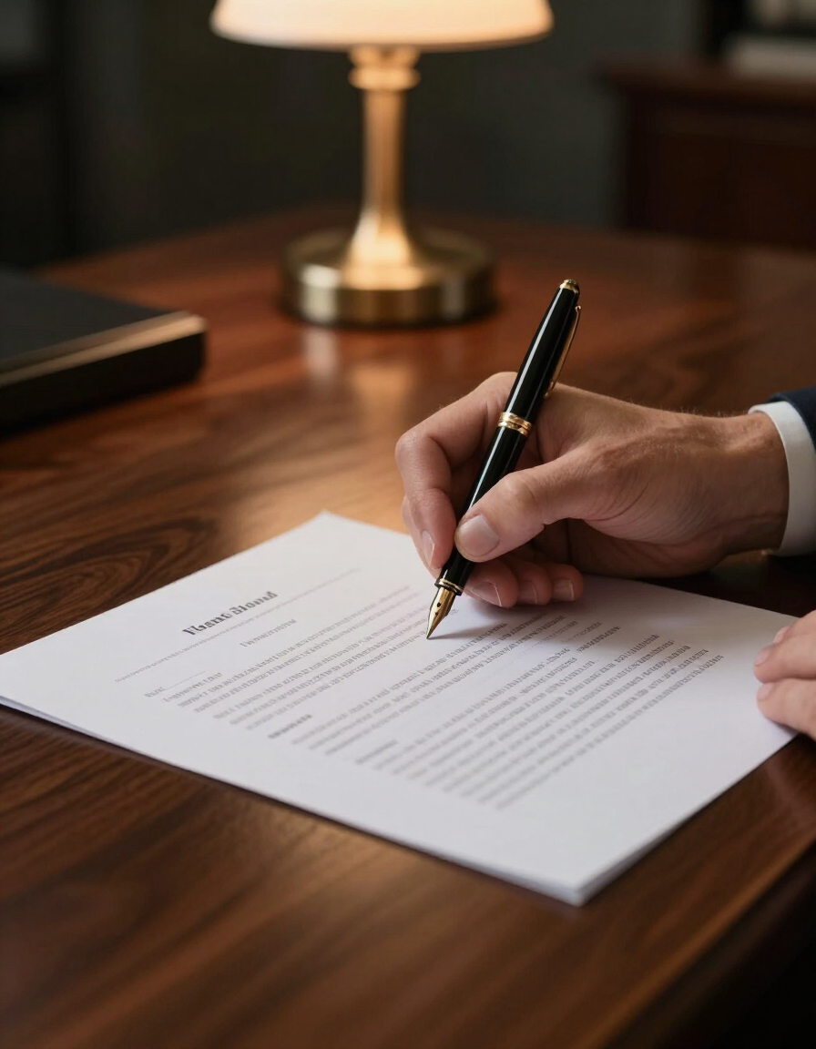 Operatore che firma documenti su scrivania in legno scuro