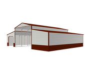 White and brown greenhouse building with a transparent front entrance and sloped roof