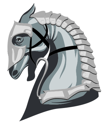 Stylized gray horse head with braided mane and black abstract flowing lines
