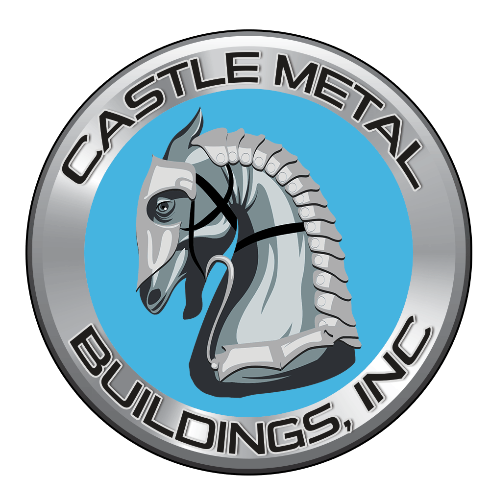 Castle Metal Buildings, Inc. logo with a silver horse head on a blue circular background