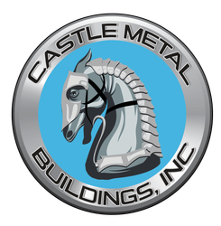 Castle Metal Buildings, Inc. logo with a silver horse head on a blue circular background