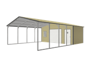 3D rendering of a metal carport attached to a beige garage with white doors and a sloped roof