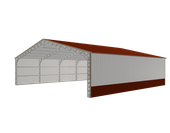 3D rendering of a large metal warehouse shed with a red-brown roof and side panels