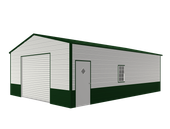 Small white metal garage with dark green trim, a front door, side window, and large roll-up door.
