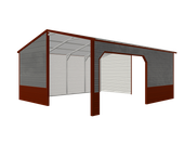 Metal storage shed with corrugated gray walls, brown trim, and open front doorway