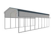 3D model of a long gray metal-framed canopy or shed with open sides