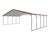 White steel carport frame with a brown pitched roof, open-sided and unfinished
